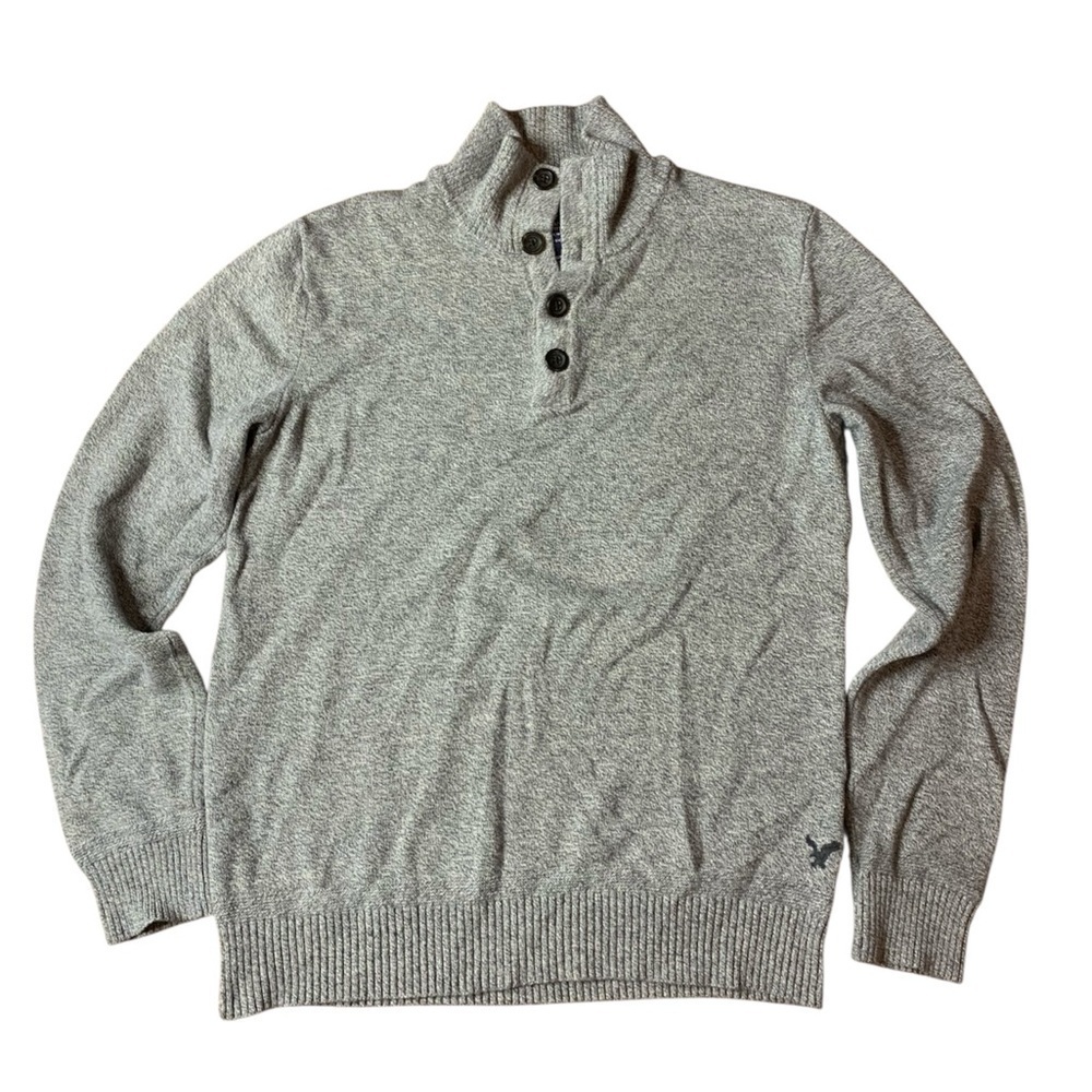 American Eagle Gray Button Neck Henley Sweater - 100% Cotton - Size Small